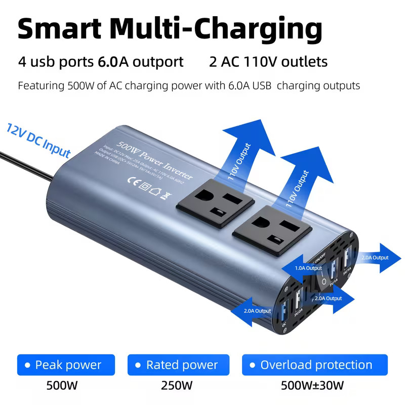 500W 12V to 110V Power Inverter USB Ports Car RV Camping Truck Charger
