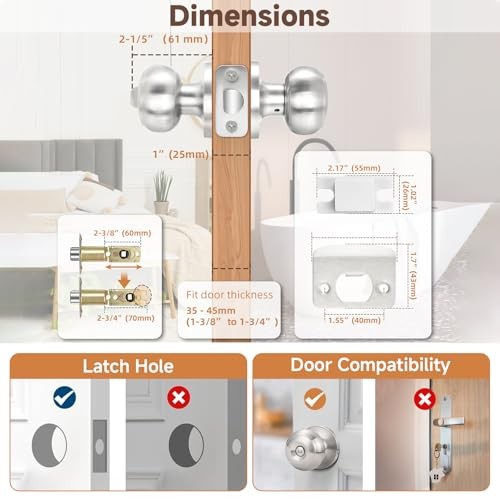 Door Knobs Interior Keyless Door Lock Privacy Door 5 Pack Brushed Nickel