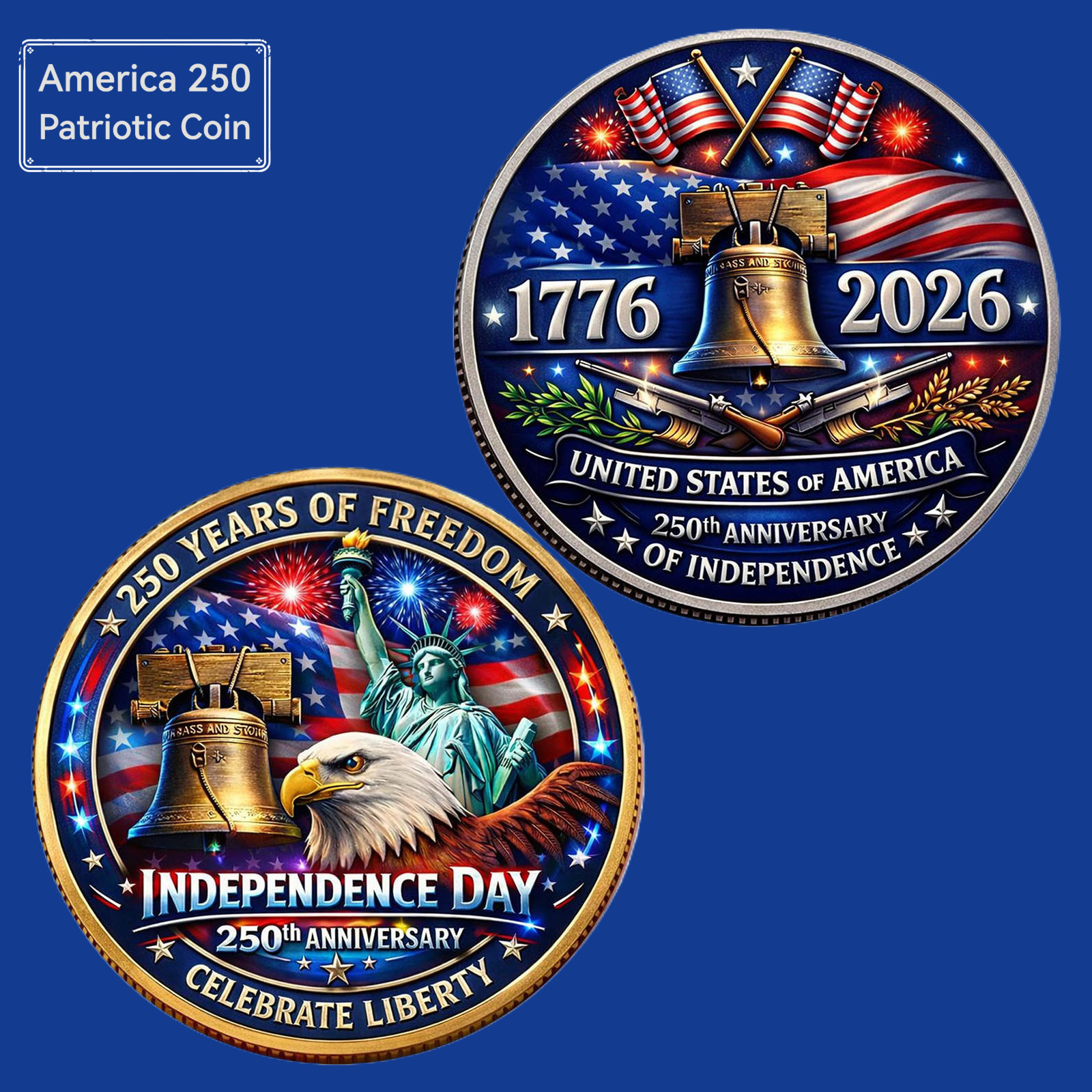 USA 250th Anniversary Independence Day Liberty Bell Eagle Challenge Coin
