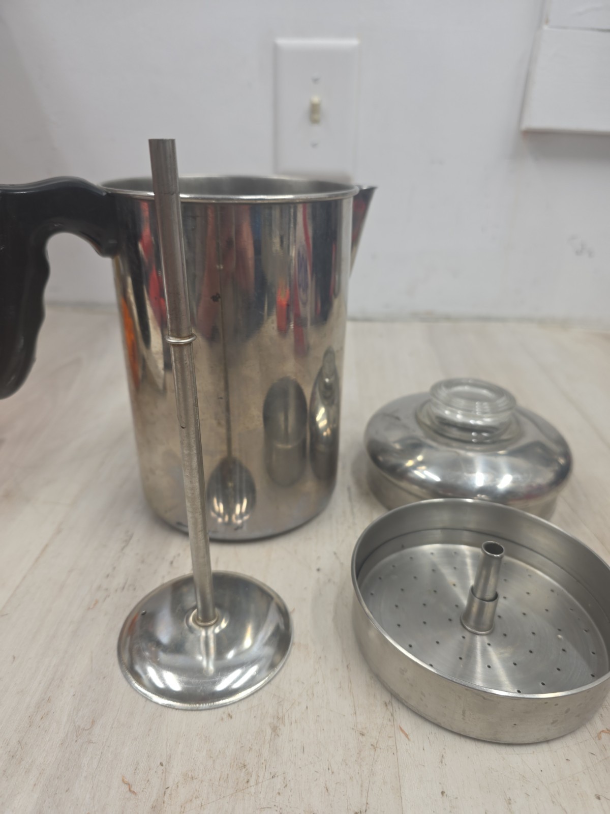 Vintage 18/8 Stainless Steel Coffee Percolator Pot with Basket Insert Camping