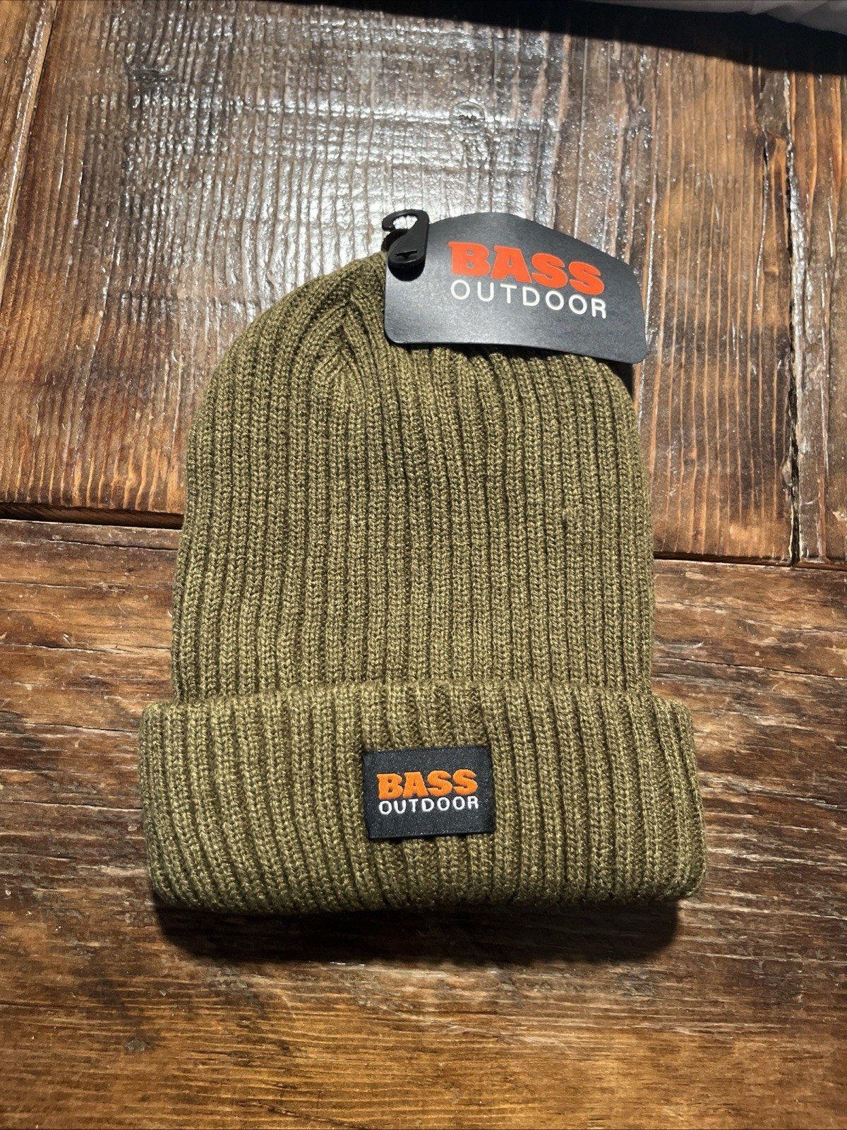 NWT! BASS OUTDOOR Logo Ribbed-Knit Stretch Beanie Hat Military