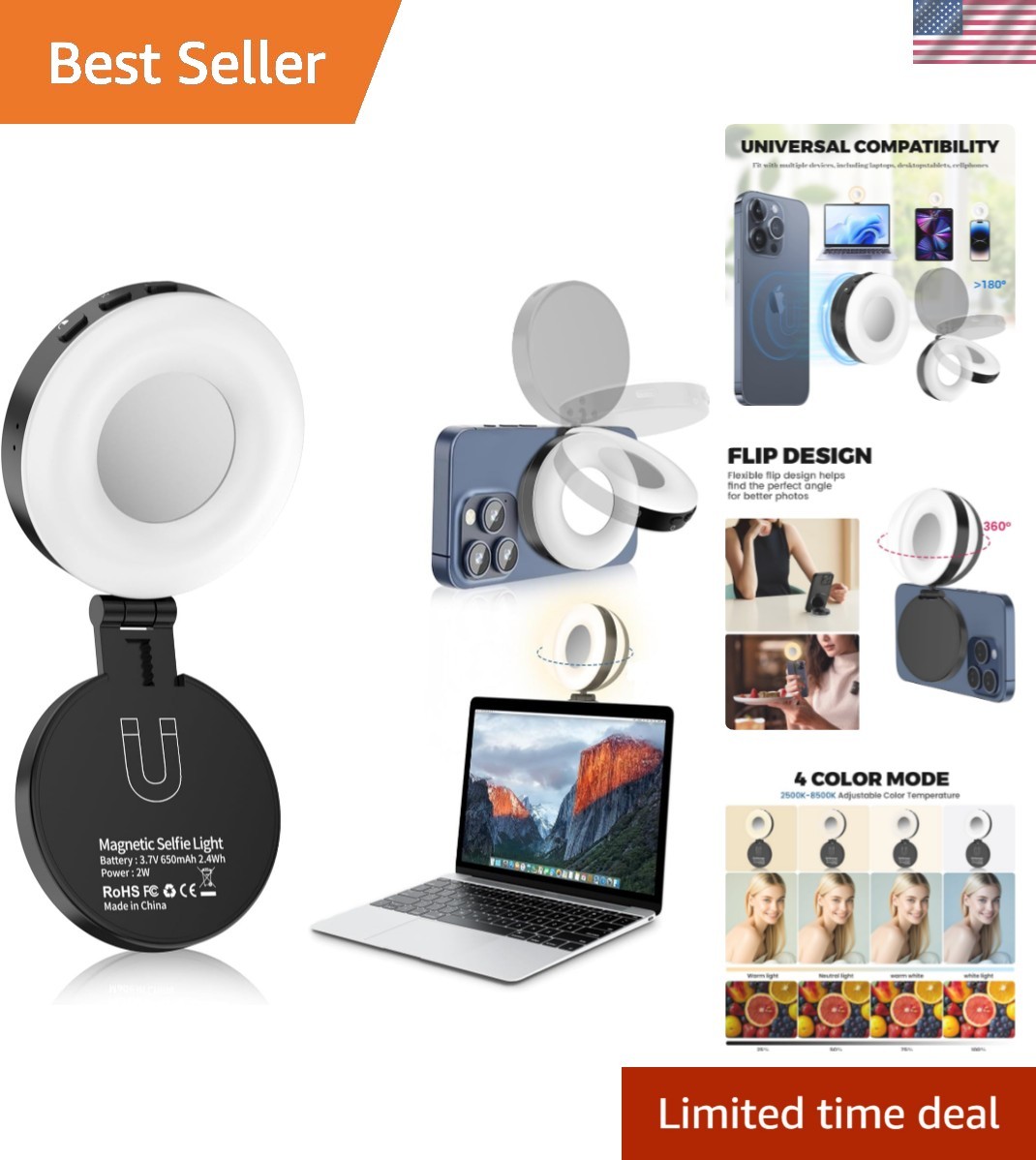 Magnetic Selfie Light with 4 Color Modes for iPhone - Perfect for Photos & Vlogs