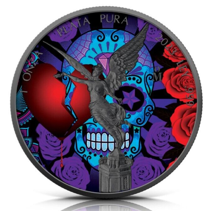 1 oz 999 Silver Mexican Libertad - Love Kills - Colorized & Ruthenium Plated