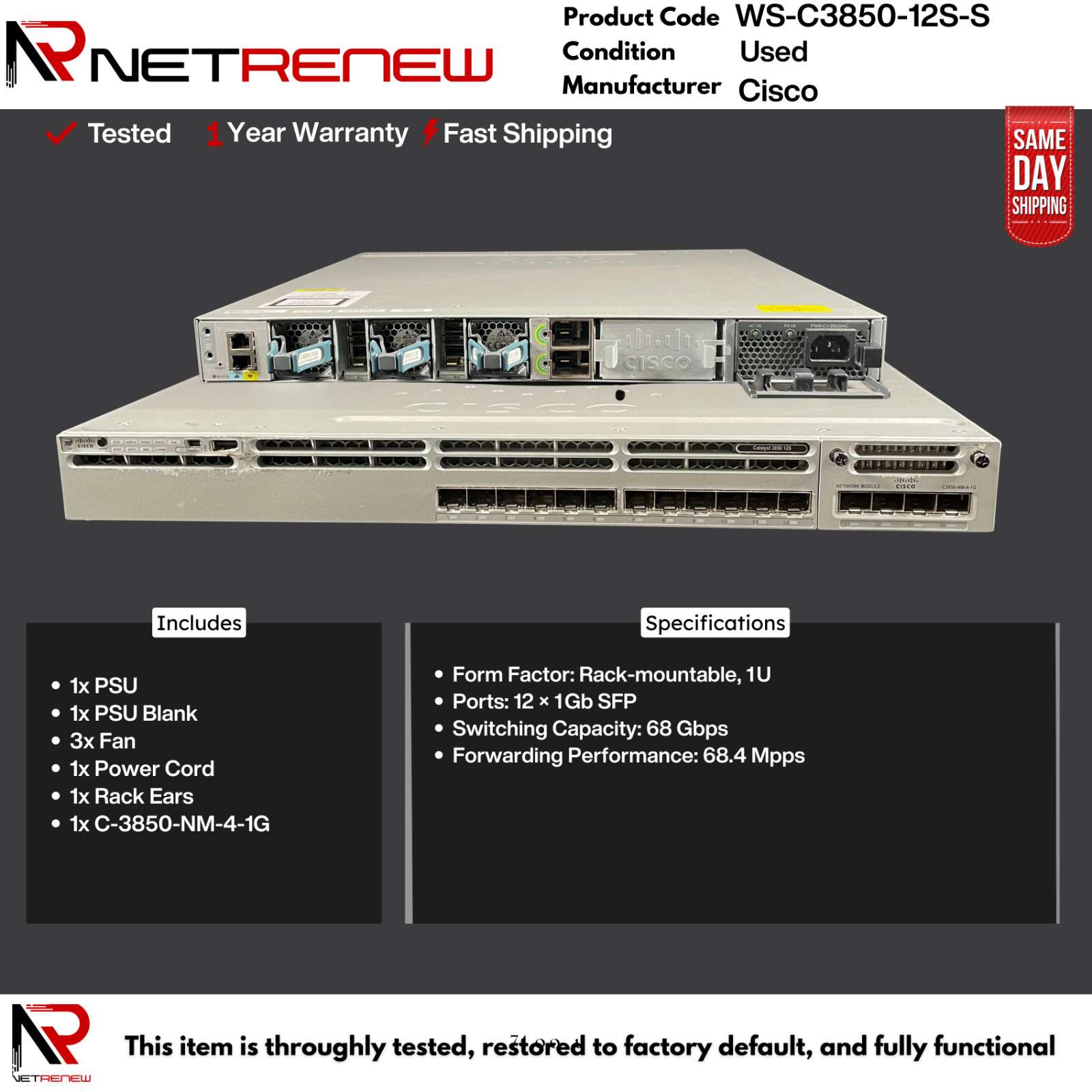 Cisco WS-C3850-12S-S Catalyst 3850 12 Port GE SFP Switch w/ C3850-NM-4-1G