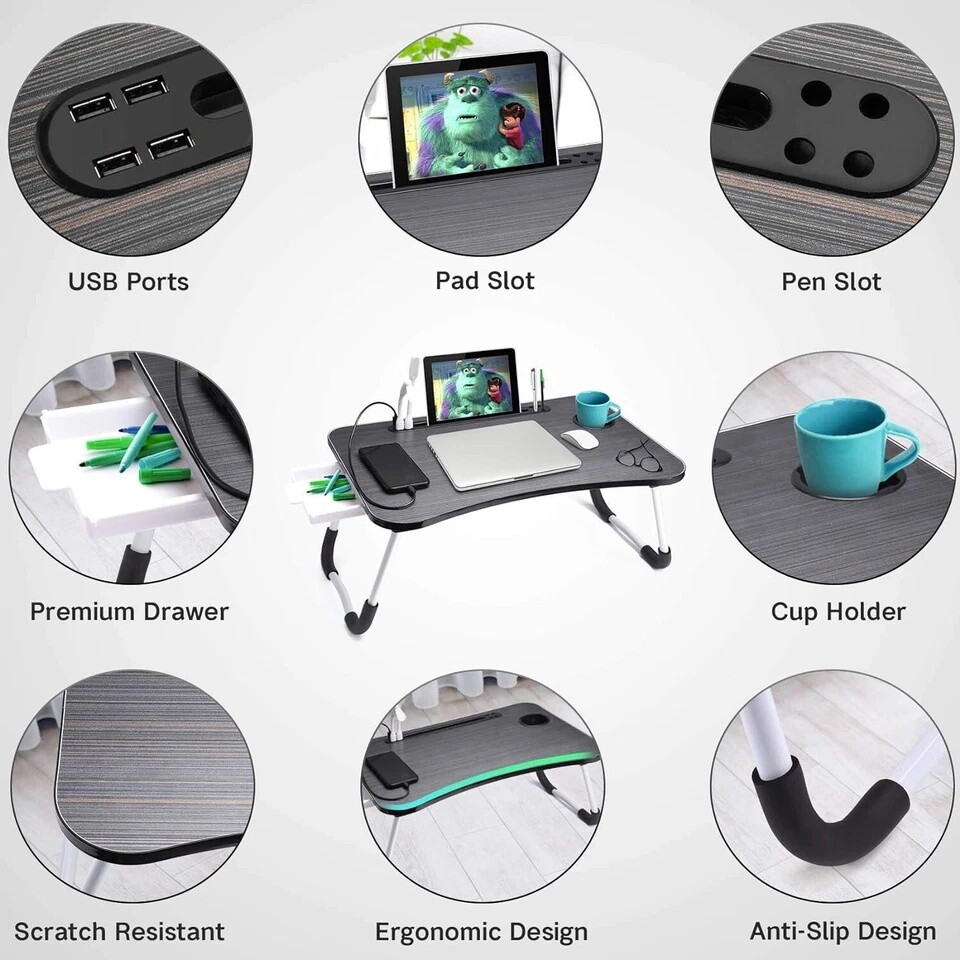 Laptop Tray Lap Desk Stand Foldable Bed Table Notebook Tray Cup Slot Adjustable