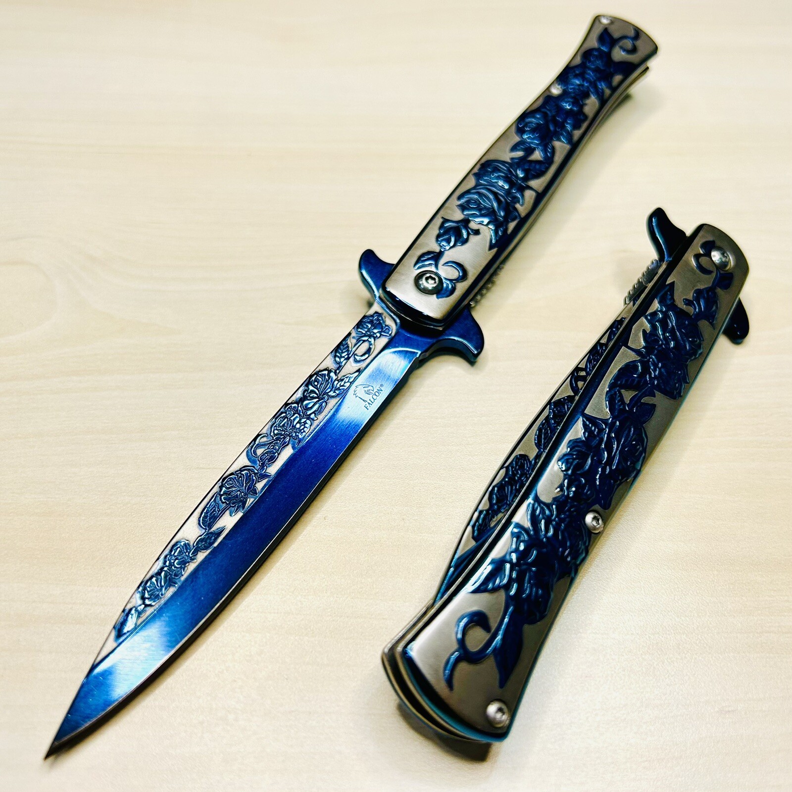 9” Blue Rose Knife Tactical Spring Assisted Open Blade Folding Pocket Knife
