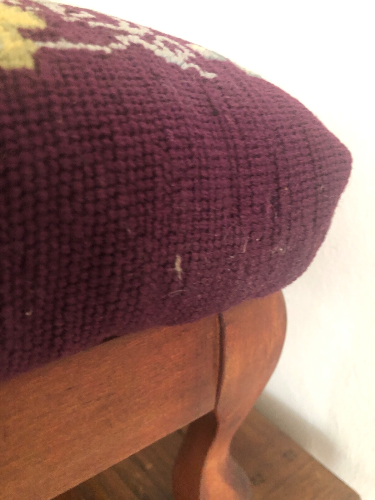Antique Foot Stool Needlepoint Grapes & Leaf on Plum Background Wool 10" Tall