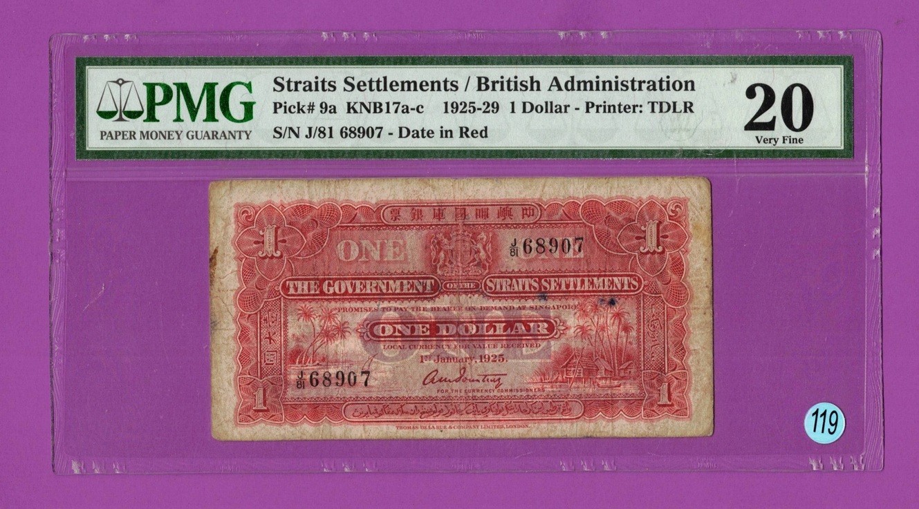 Straits Settlements – 1 Dollar (1925–1929) P# 9a – Red Date – PMG 20 VF Lt 119