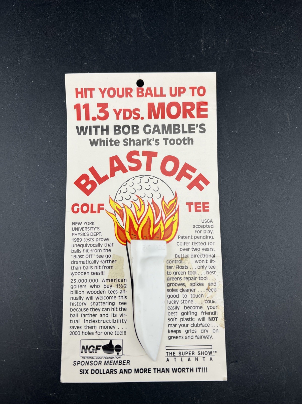 Bob Gamble's White Shark's Tooth Blast Off Golf Tee With Original Card
