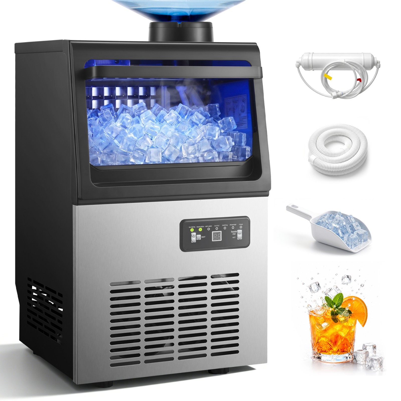 Commercial Ice Machine 90lbs Daliy18lbs Storage Stainless Steel Control Panel