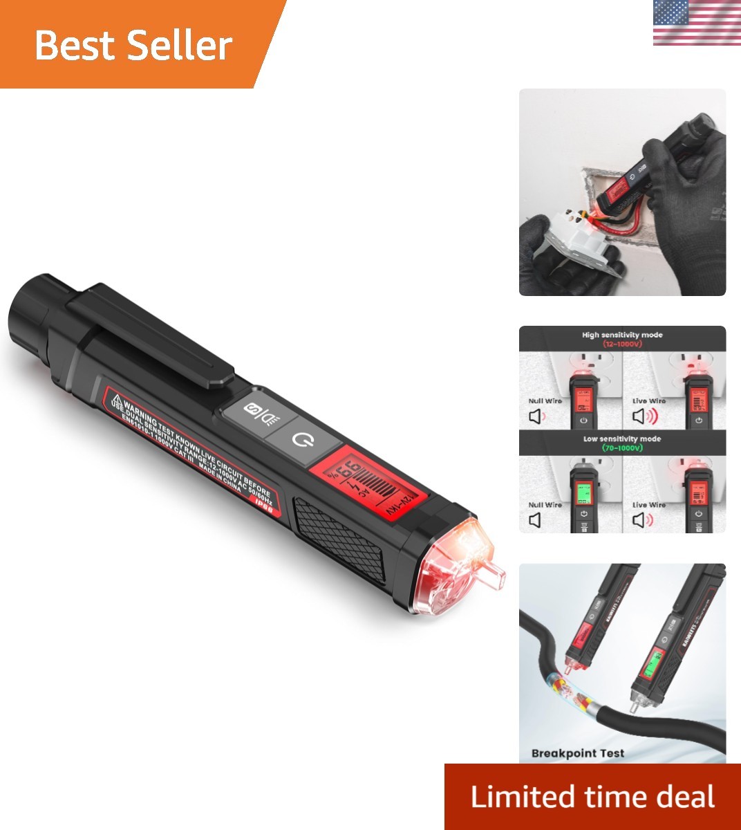 Non-Contact Voltage Tester with LCD Display; Dual Range Up to 1000V, Black
