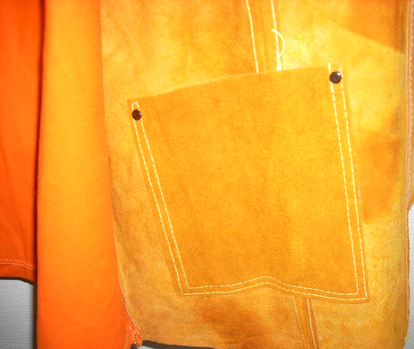 Leather Welding Jacket w Hunter Orange FR Back Snap Front Inside Pocket XL