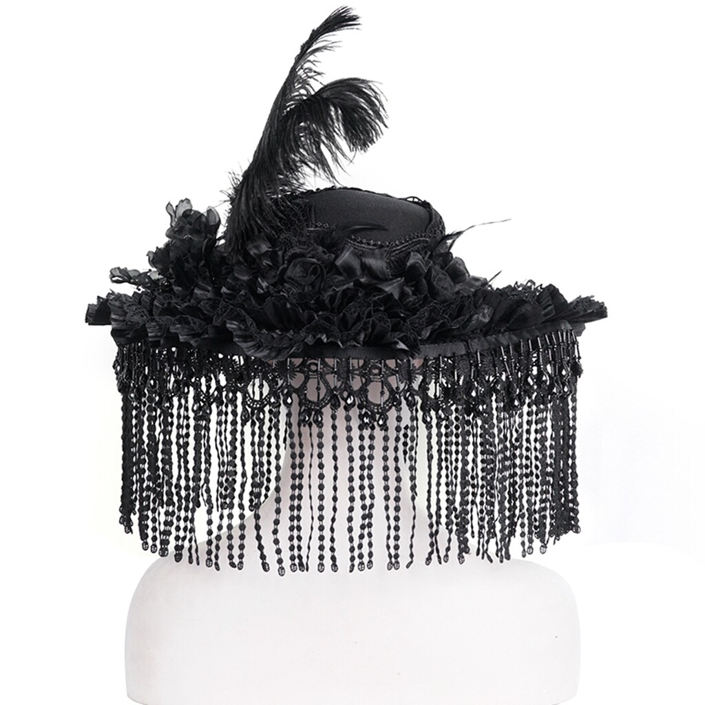 Eva Lady Women Black Vintage Gothic Victorian Beaded Tassel Feather Hat