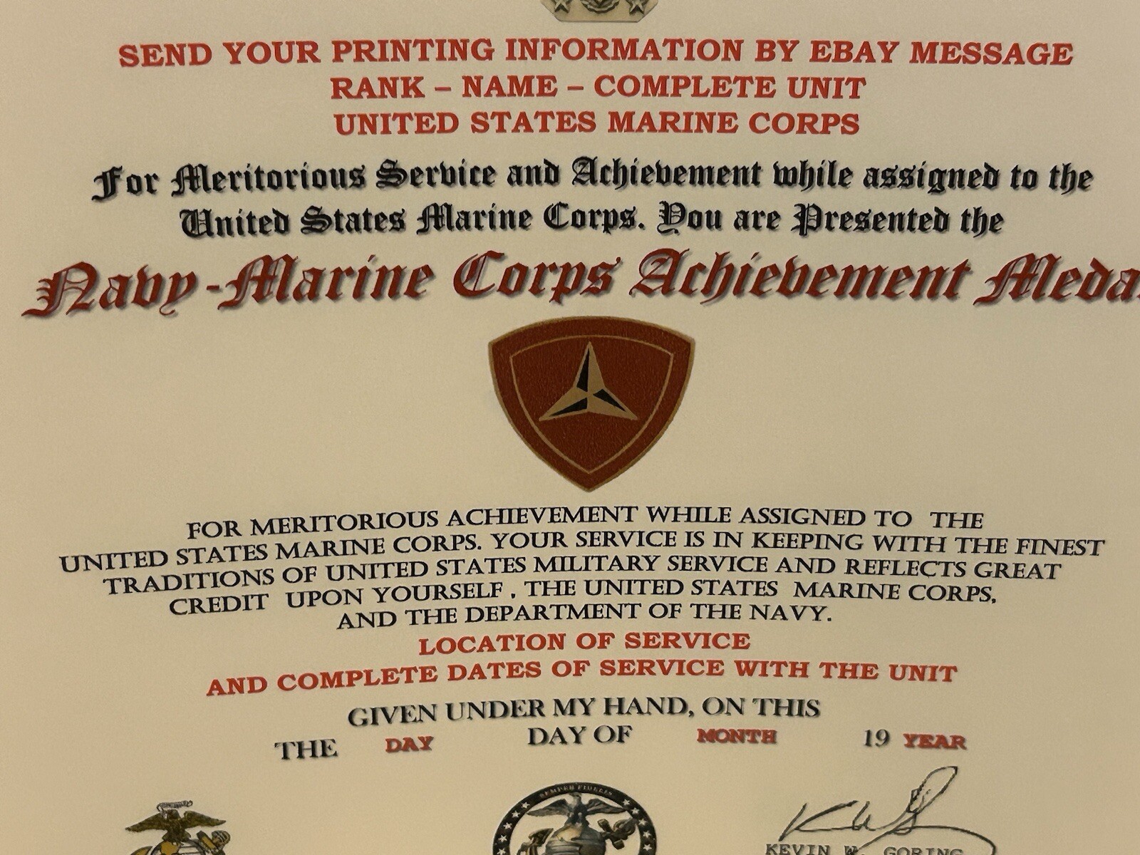 U.S.M.C. / NAVY ACHIEVEMENT MEDAL CERTIFICATE - 3RD MARINE DIVISION