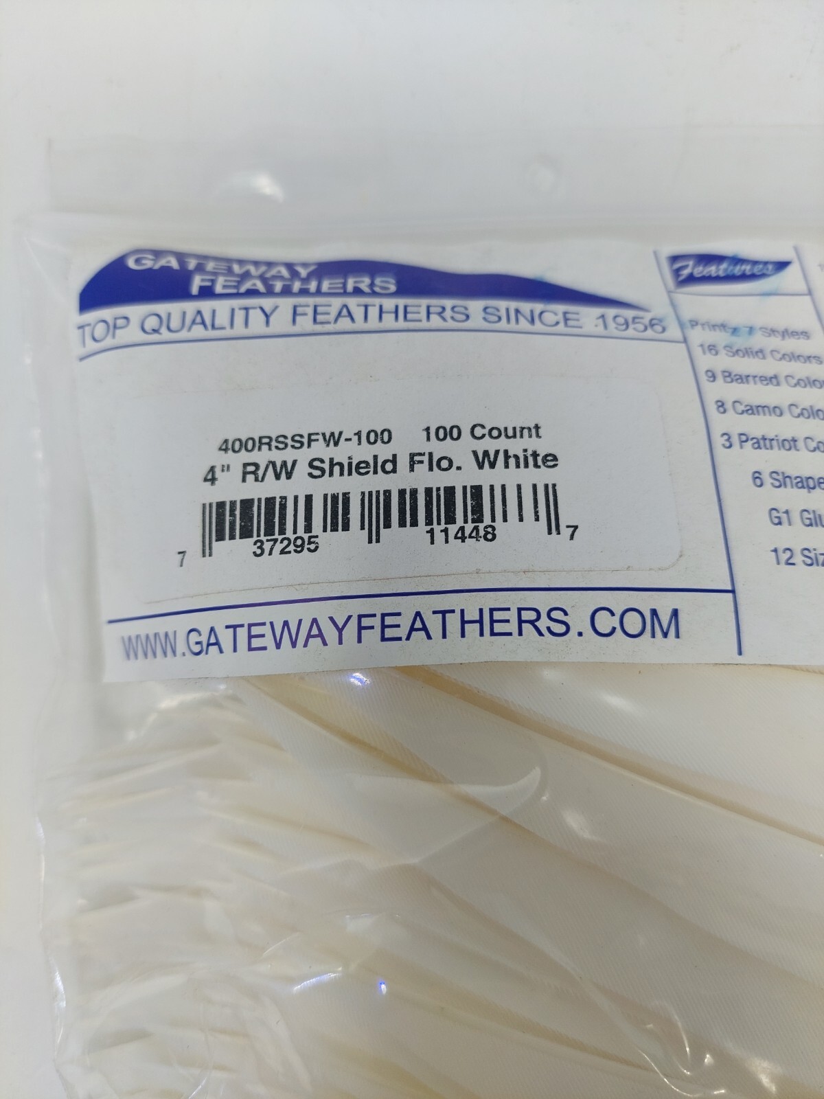 100pk Gateway Feathers 4" Right Wing: Shield Flo. Florescent White 400RSSFW-100