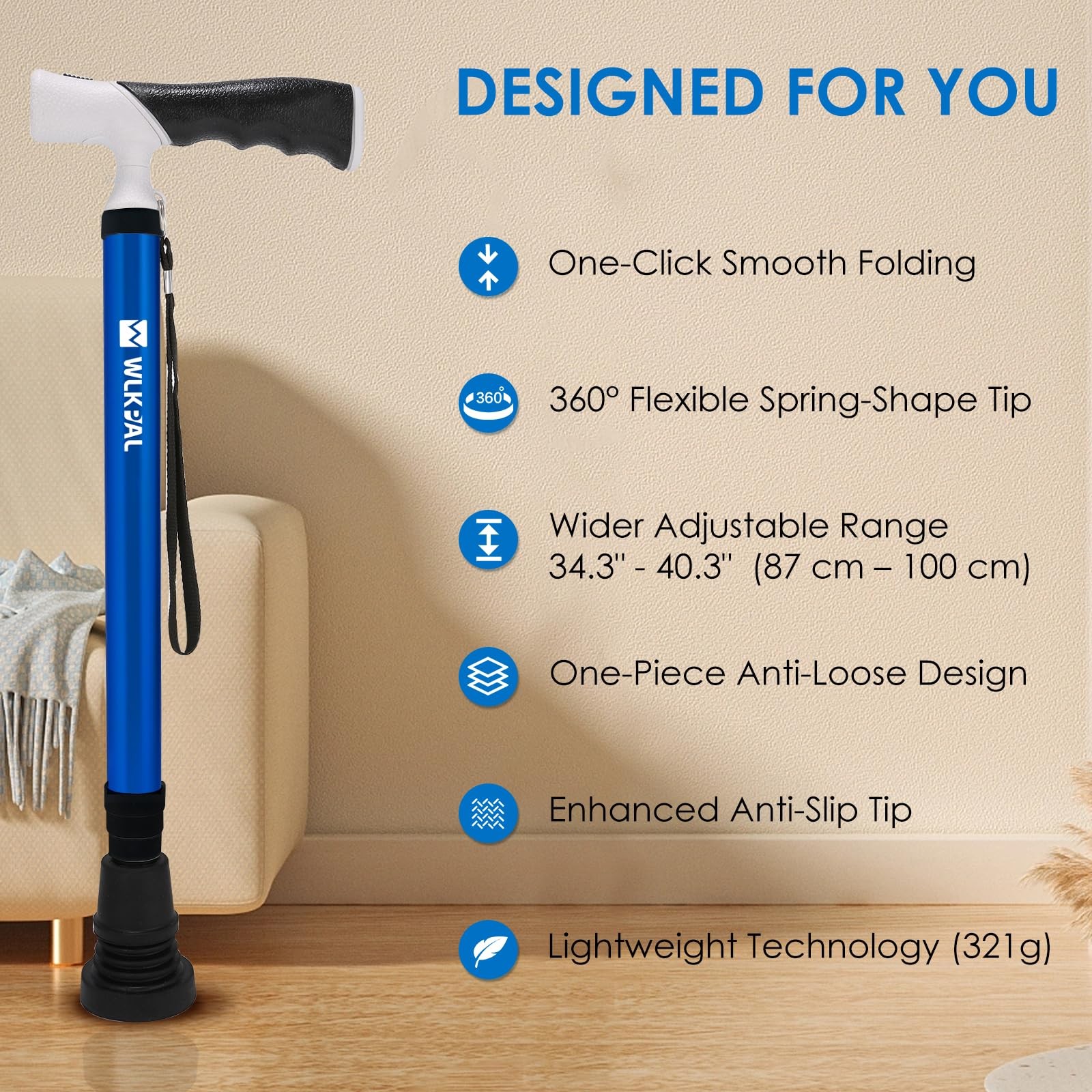 WLKPAL Adjustable & One-Button Folding Walking Cane for Large, Nautical Blue