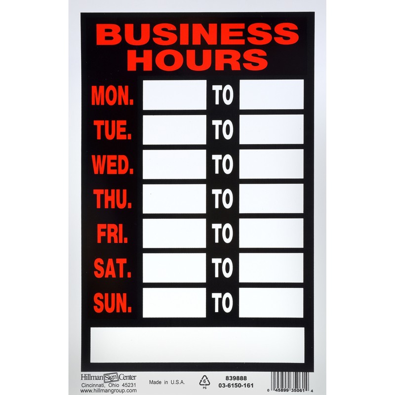Hillman English Black Hours Sign 12 in. H X 8 in. W (6-PACK)