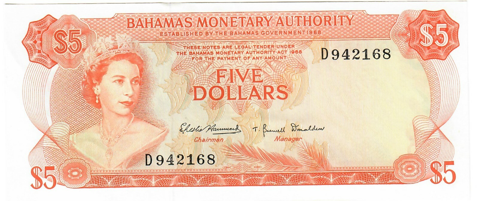 Bahamas 5 Dollars 1968 aUNC 2 Signatures Monetary Authority