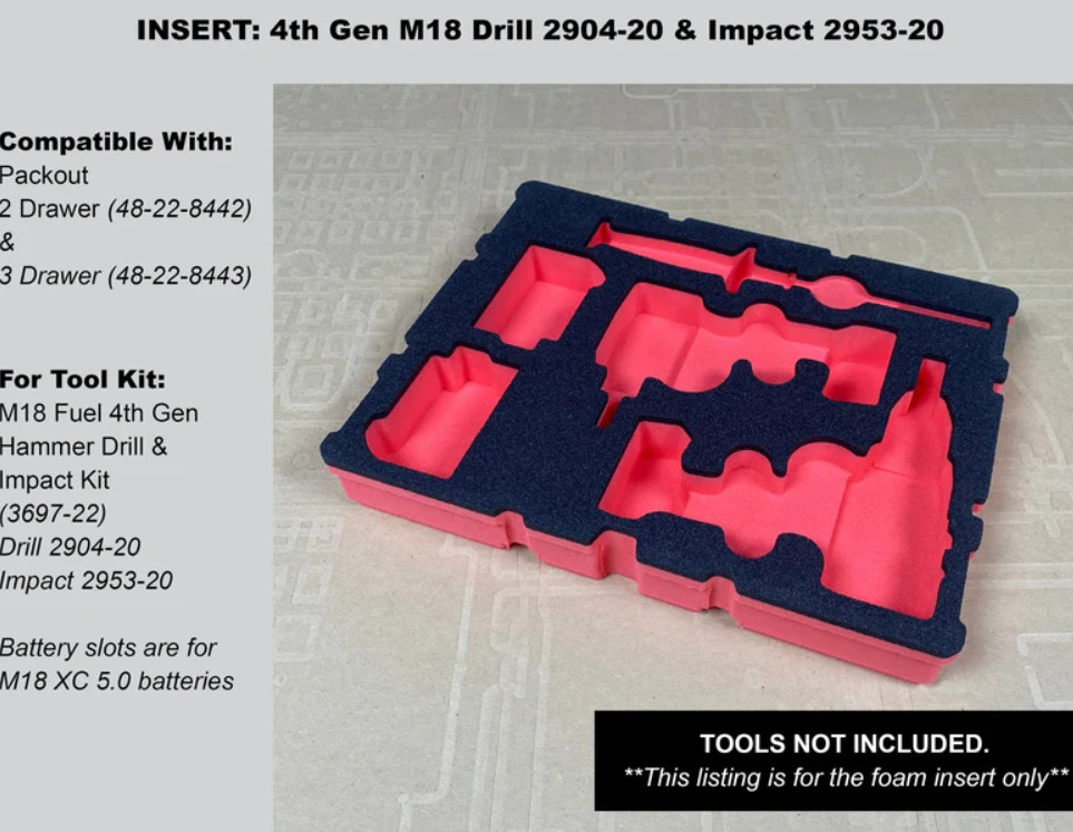 Foam Insert for M18 Hammer Drill Impact Kit Fits Packout 2 Drawer Box