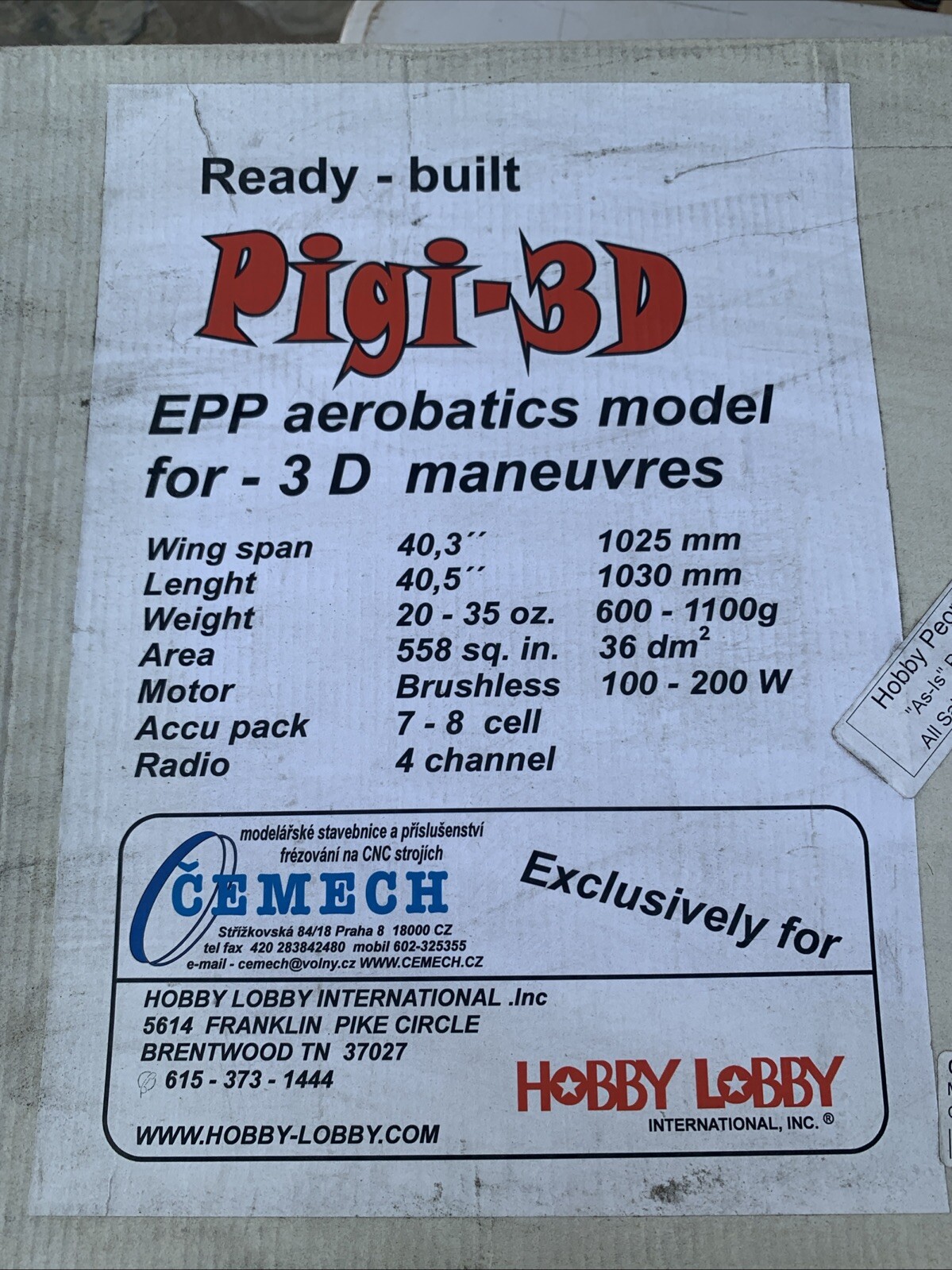 Hobby Lobby Cemech Pigi-3D RC Airplane ARF Kit. Vintage Fun Easy To Fly