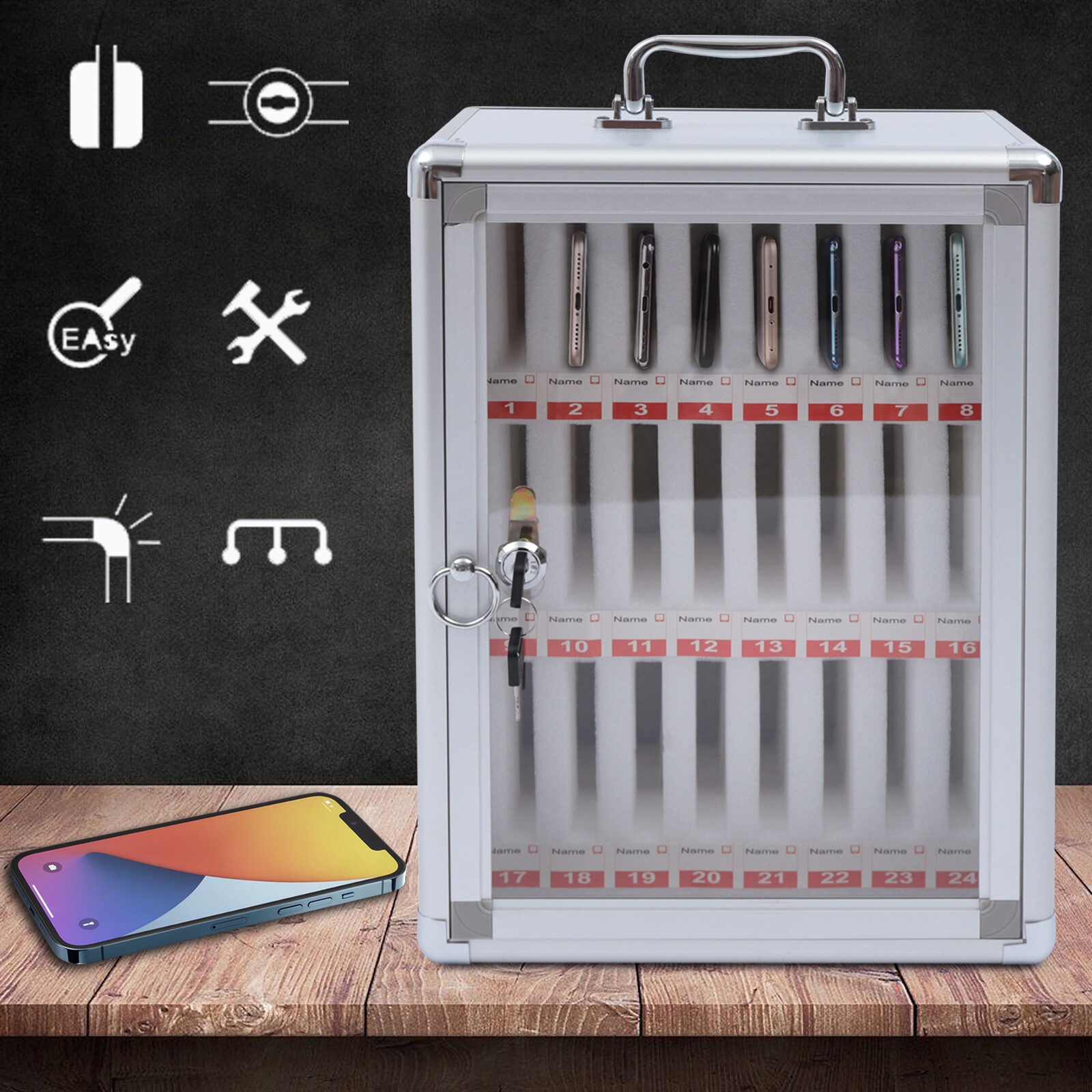 24 Slots Aluminum Alloy Pocket Chart Storage Cabinet for Cell Phones Locker Box