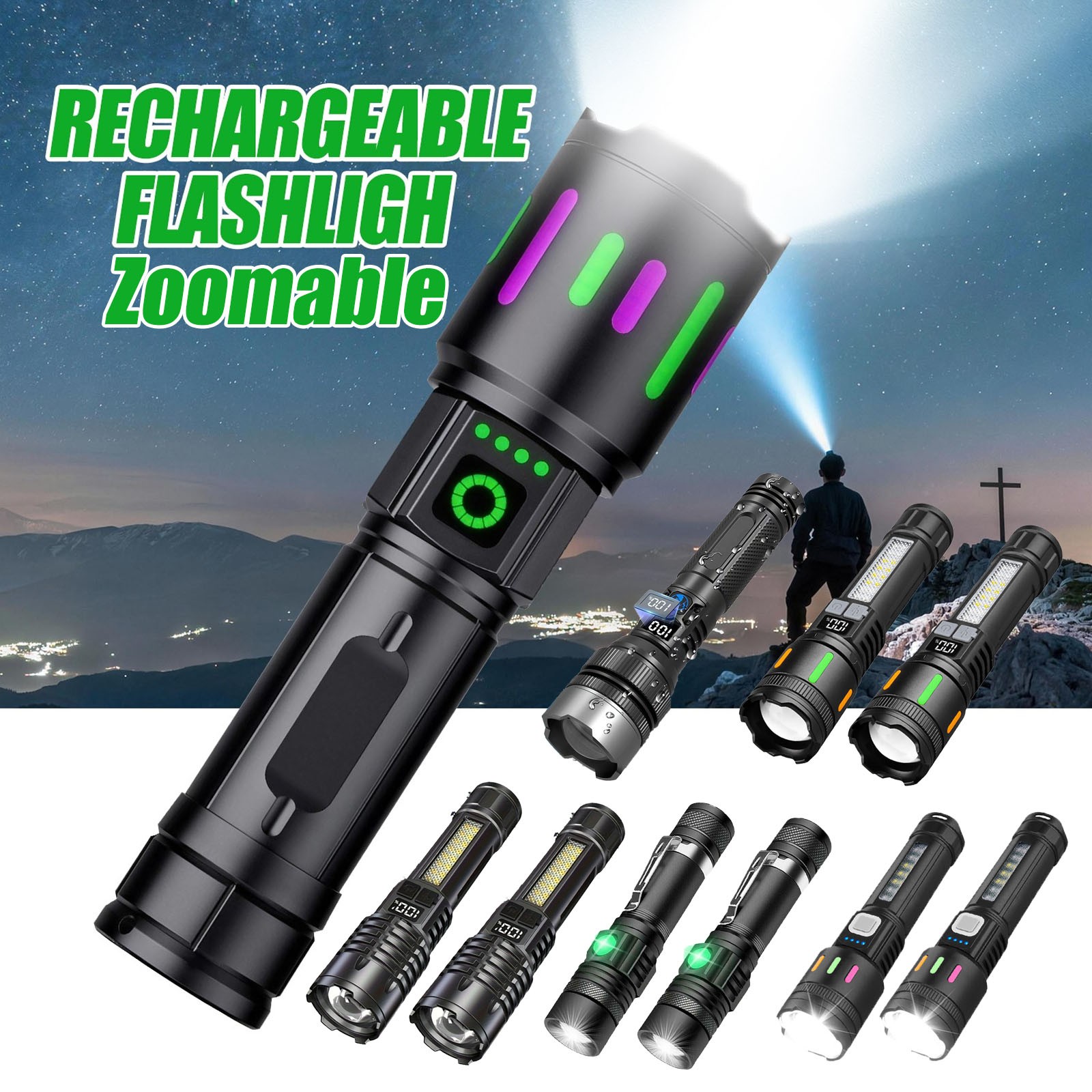 Zoomable LED Tactical Flashlight, High Lumen Rechargeable Waterproof Torch Work