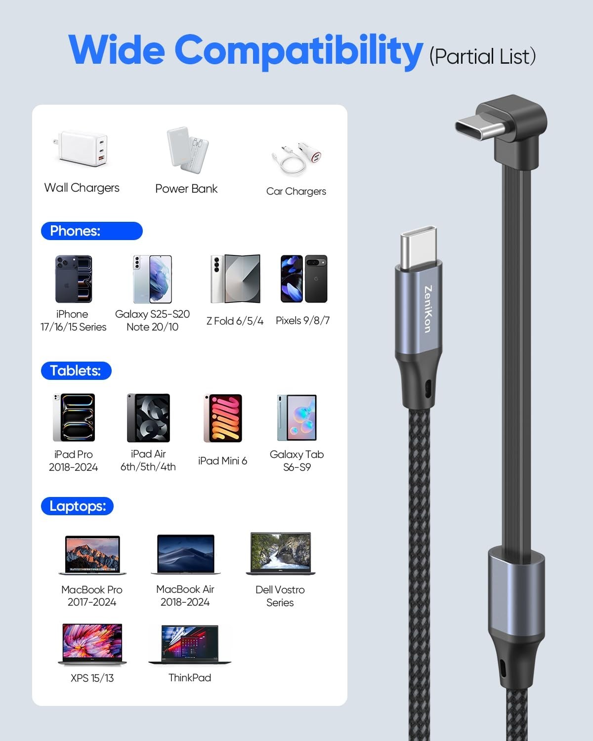90 Degree USB C Cable 1FT, Right Angle USB C Cable Flat 60W Fast Charging Nyl...