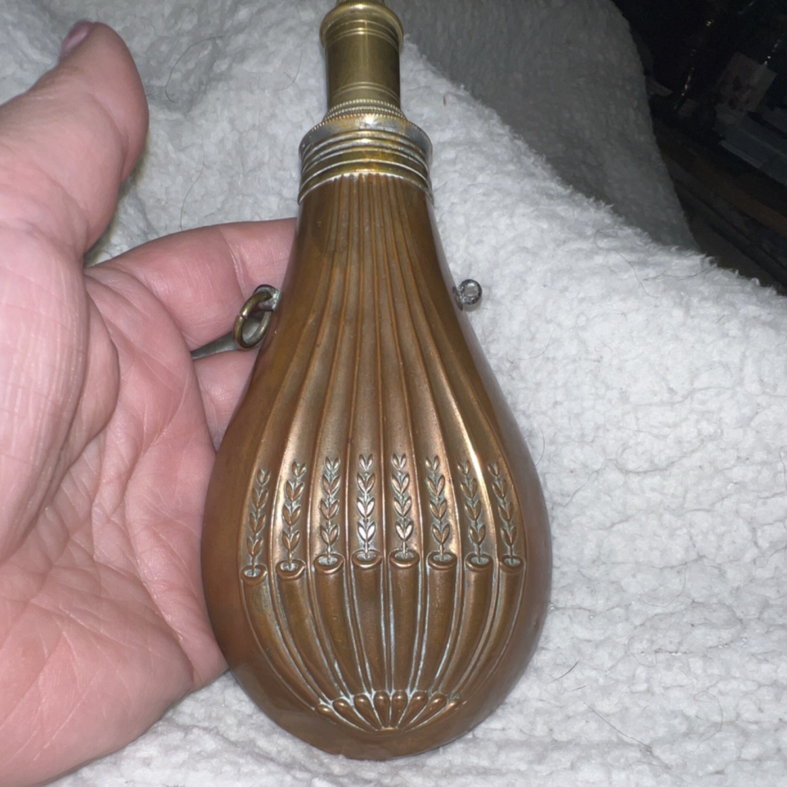 Antique Copper & Brass Black Powder Flask for Muzzleloader Rifle 6.5” long