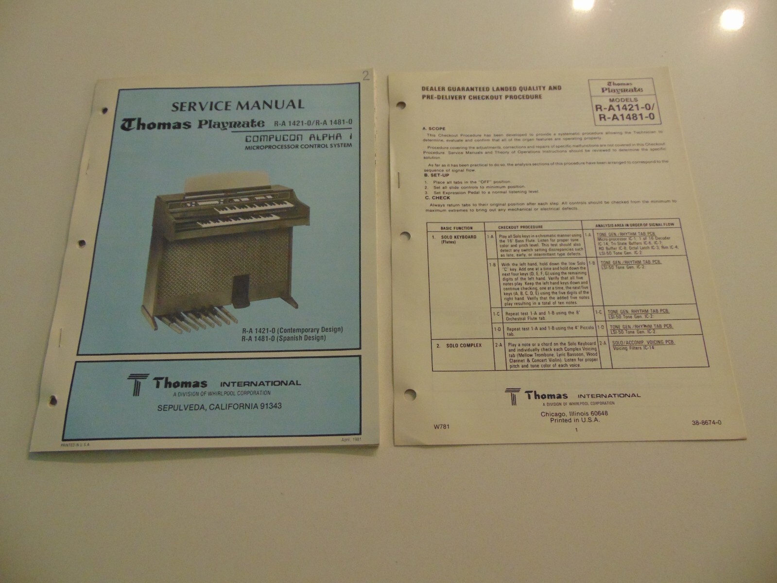 Thomas Organ Playmate Compucon Alpha 1 R-A1421-0 R-A1481-0 Service Repair Manual