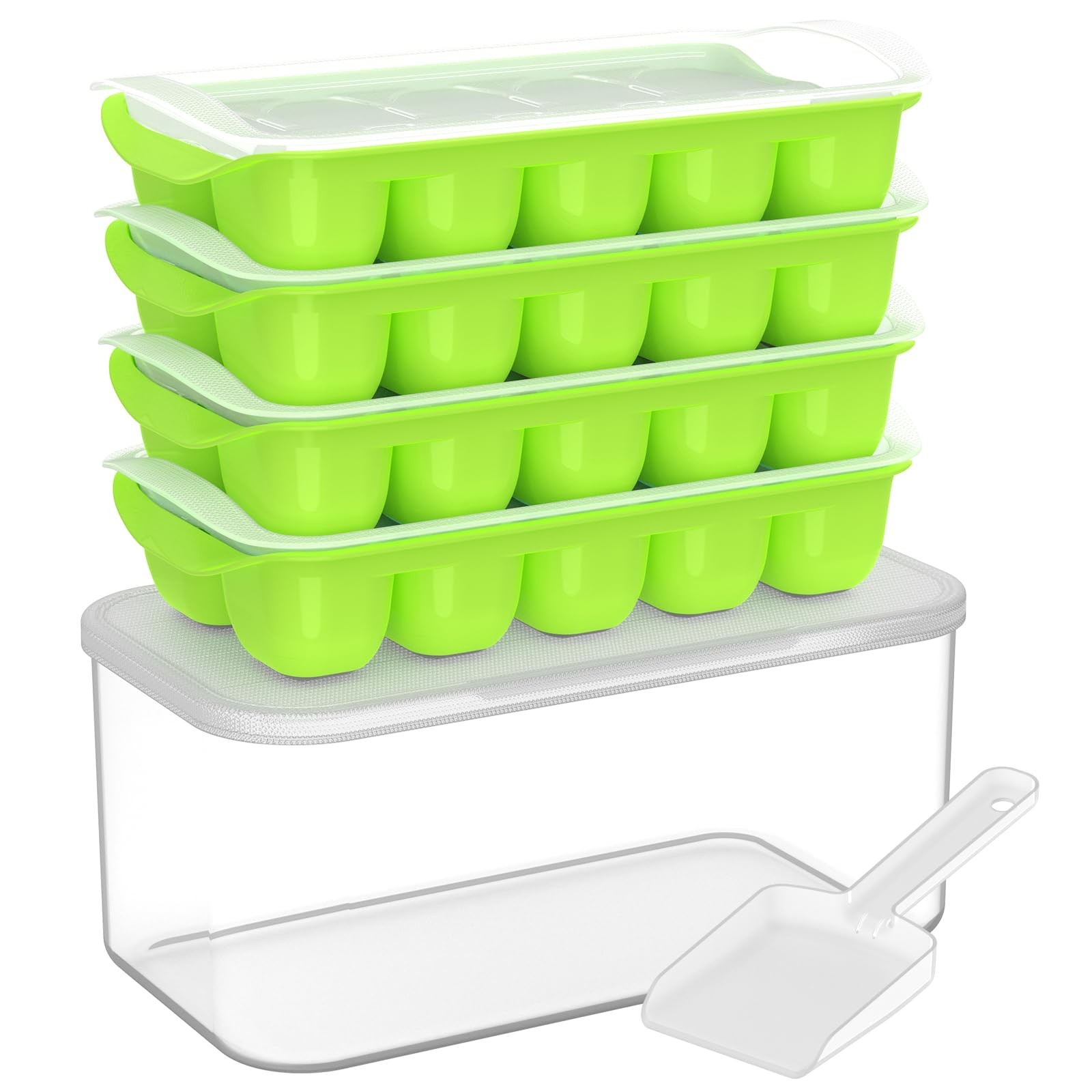 DOQAUS Ice Cube Tray with Lid and Bin, 4 Pack 10.4 cm x 20 x 4.2 cm, Green