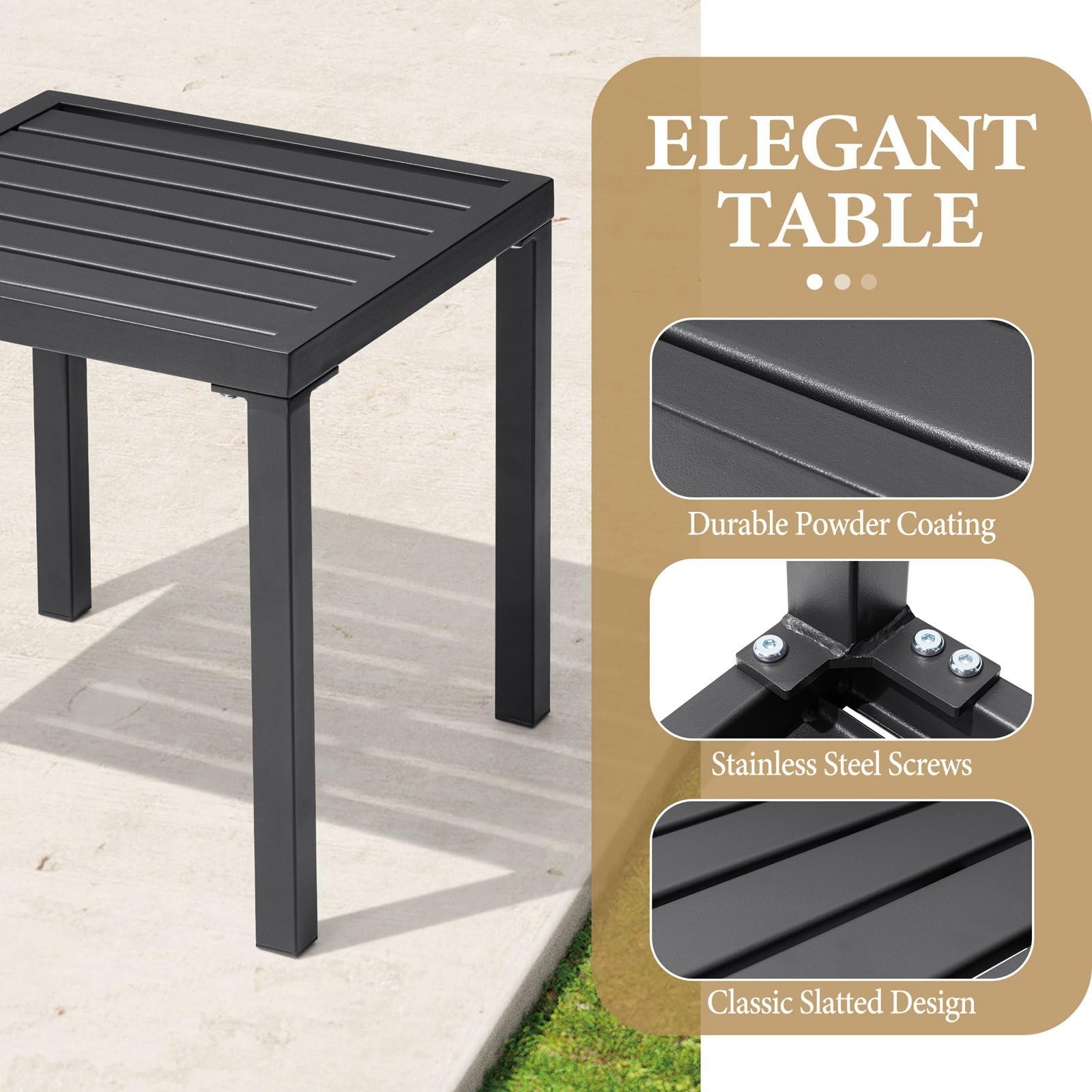 Outdoor Side Table, Black Small Square Metal End Table with Easy Assembly, We...