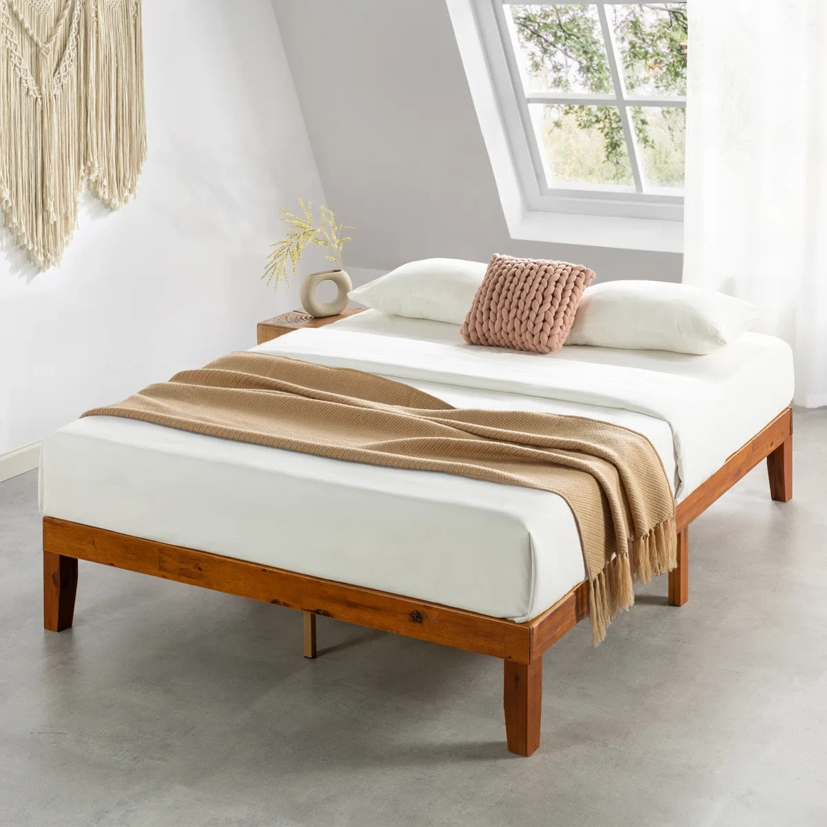 Minimalist Queen Platform Bed Solid Wood Cherry Frame Farm Mid Century Modern