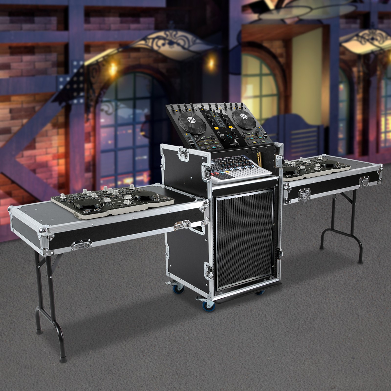 14U PA DJ Rack / Road Case Slant Mixer Top Rack with 2* DJ Table Tops 661.39lbs