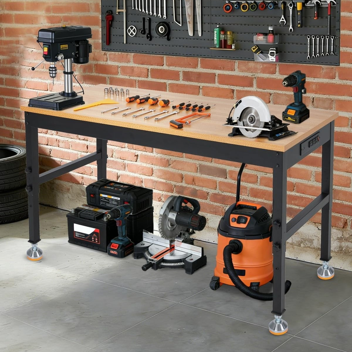 Adjustable Height Workbench with Built-in Power Outlets for Garage & Workshop