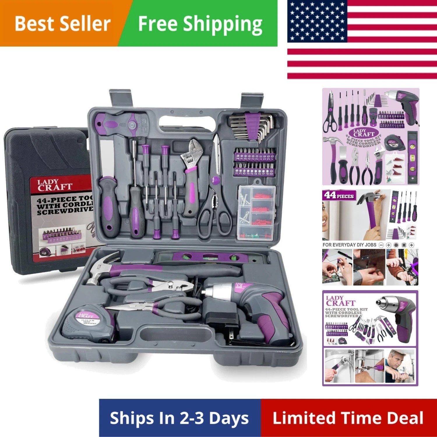 44PCS 4V Cordless Screwdriver Tool Kit Set Pink Color Tools Lady Tools Kit Ho...