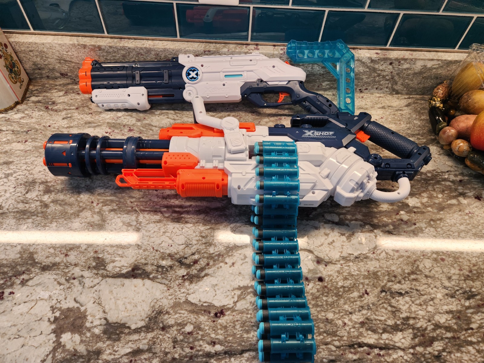 X-Shot Excel Lot of 2 Foam Dart Blasters w/ Belt Ammo & Mesh Dart Bag