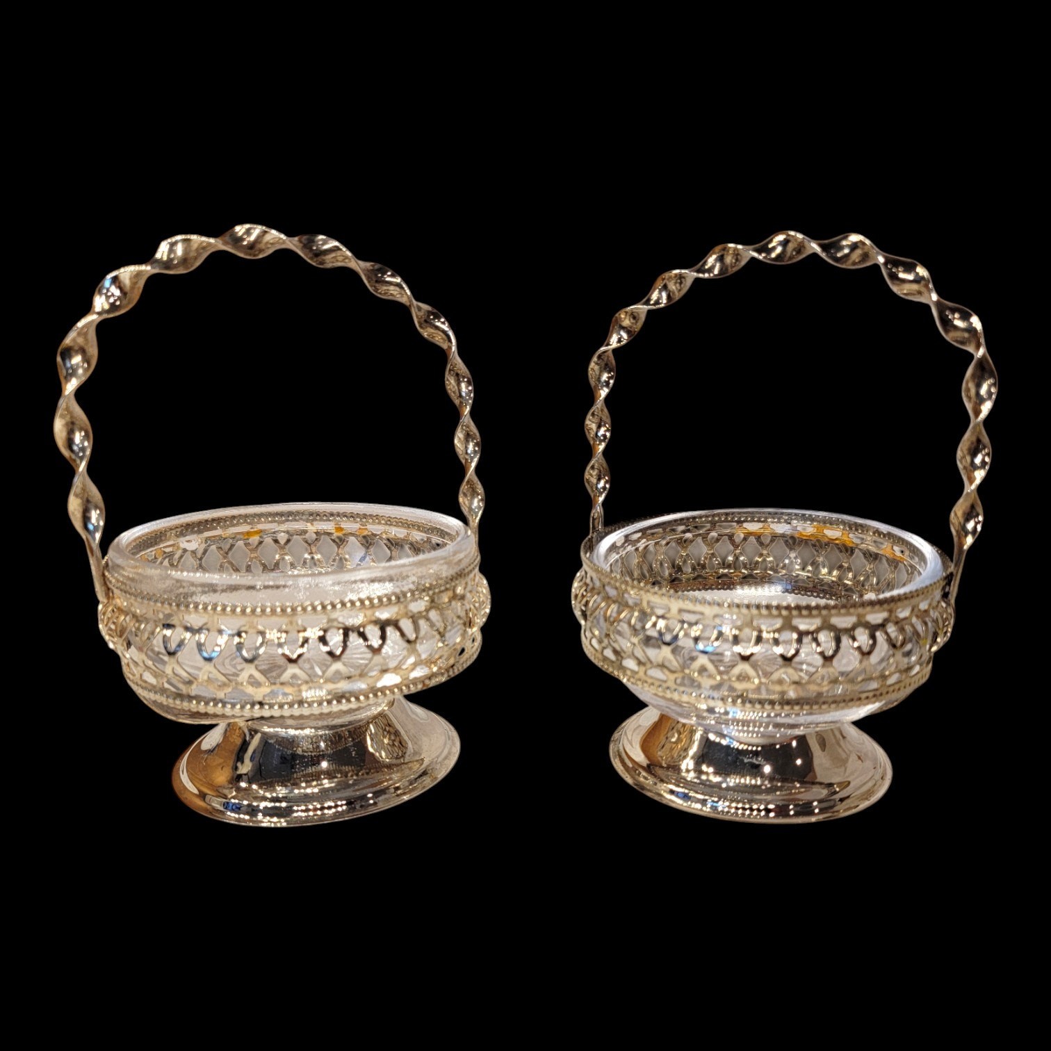 Set of 2 Silver Plated Nut Candy Baskets with Glass Liners Twisted Handle READ
