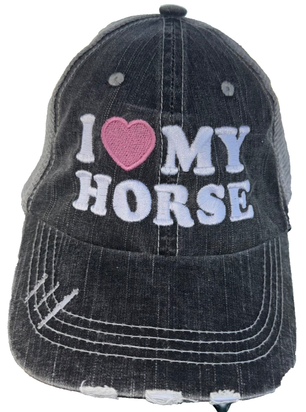 I (Heart Shape) My Horse in WhiteDistress Cotton Poly Gray Trucker Hat Cap EUC