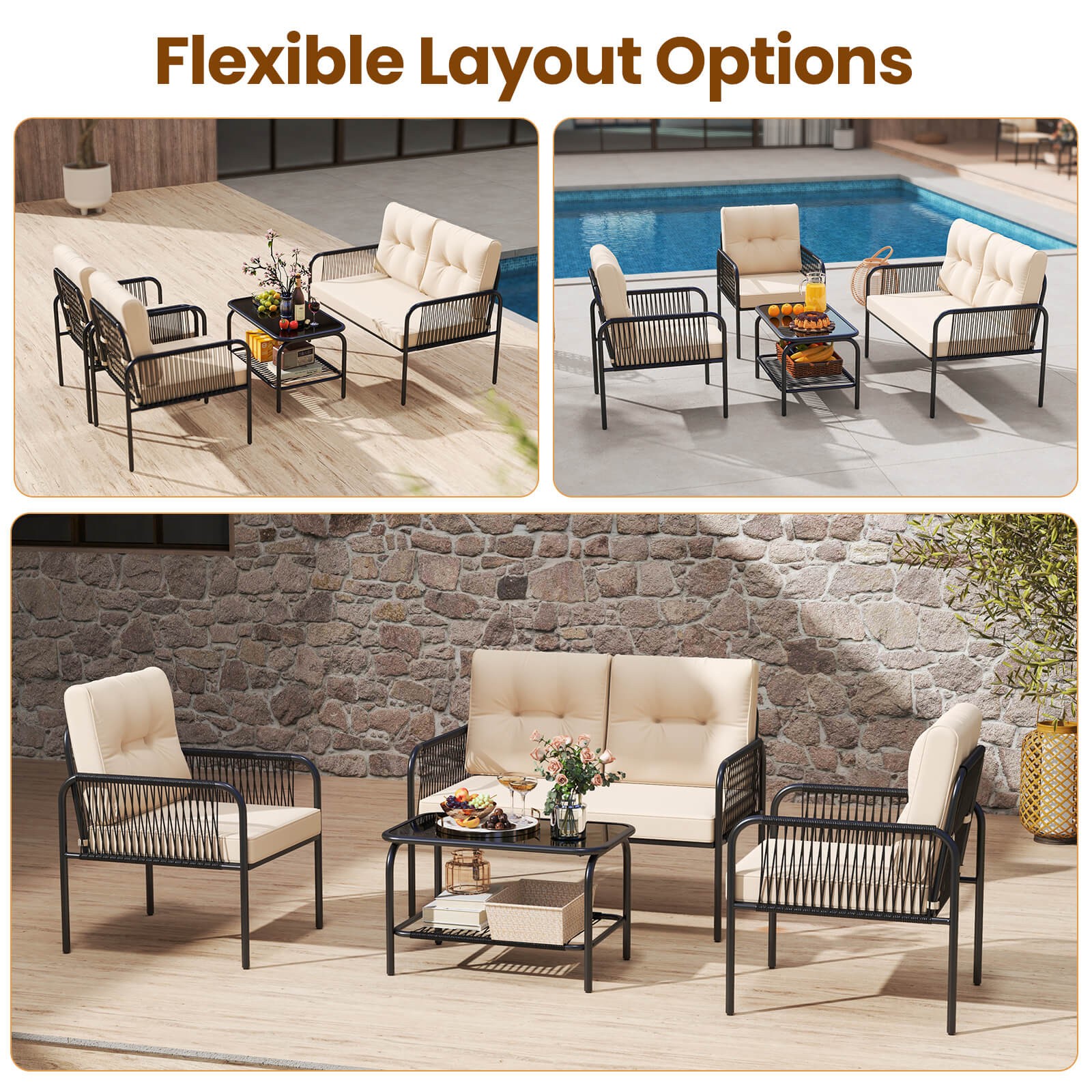 8 PCS Patio Furniture Set w/Loveseat Tempered Glass Coffee Table & Soft Cushions