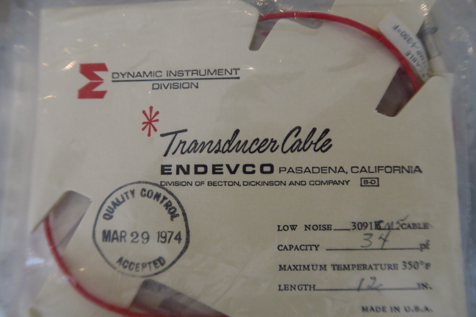 Endevco 3091C 12 Inch Low Noise Cable Assembly Wire 1ft 350F