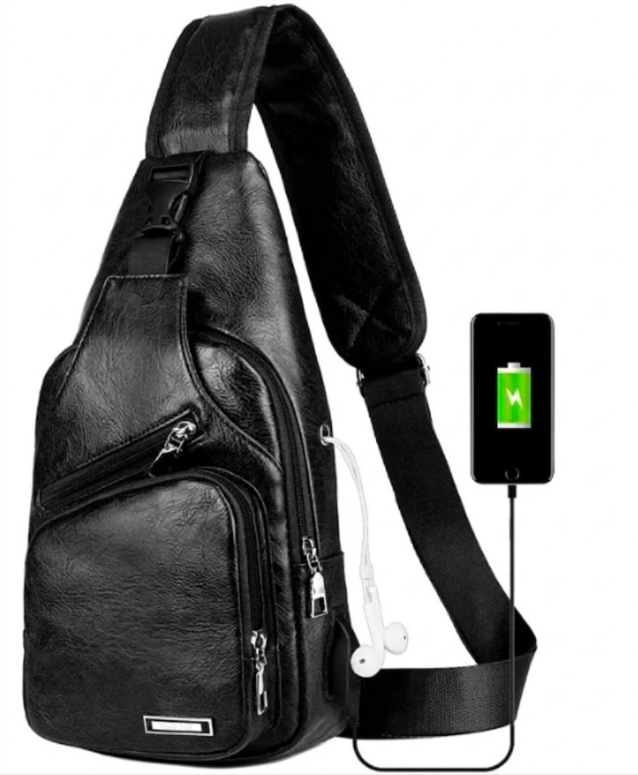 Black Chest Crossbody Bag Sling Backpack for Men with USB Charge Port Hole