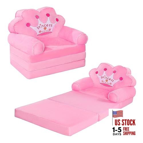 Kids Couch Fold Out, Foldable Princess Chair for Toddlers 1-3, Kids Pink
