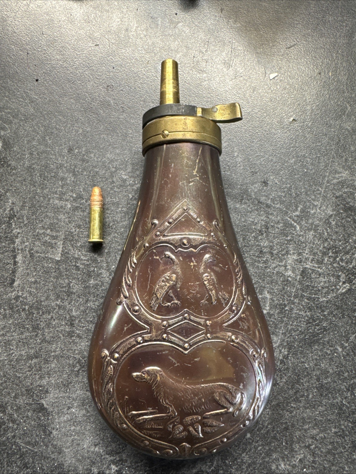 Vintage Copper & Brass Black Powder Flask Embossed with Pheasants & Hunting Dog