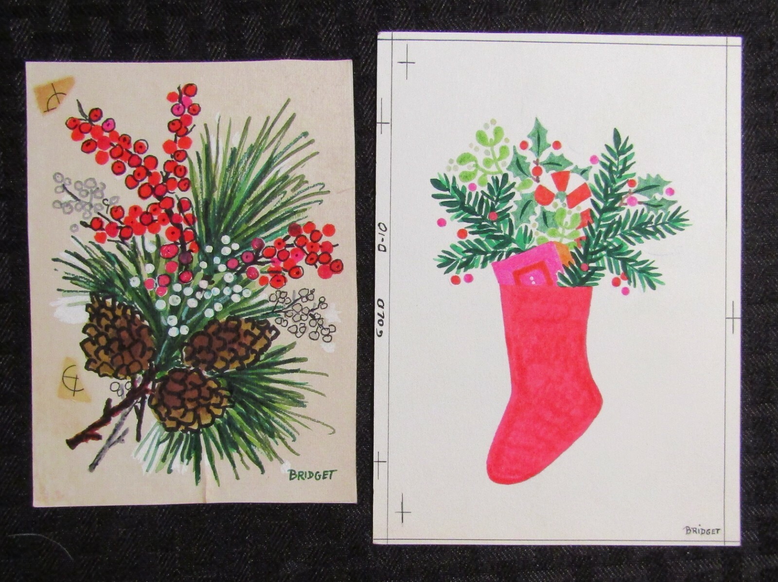 CHRISTMAS Stocking Pine Cones Boughs of Holly 4.5x6" Greeting Card Art LOT of 2
