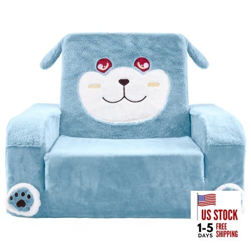 Toddler Couch Chair Comfy, Kids Light Blue Squared Kids Couch with armrests