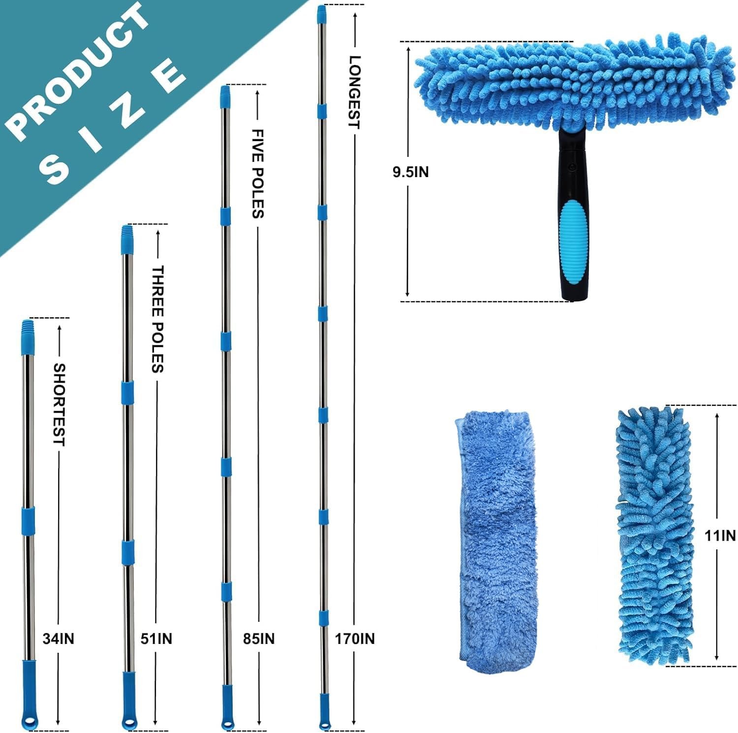 20ft Reach Extendable Window Washing Squeegee & Duster 2 in 1 Cleaning Tool