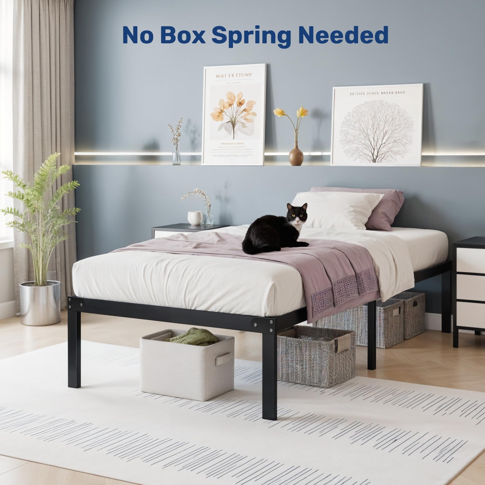 Durable Twin-Size 14” Black Metal Platform Bed Frame – Sturdy & Sleek Design