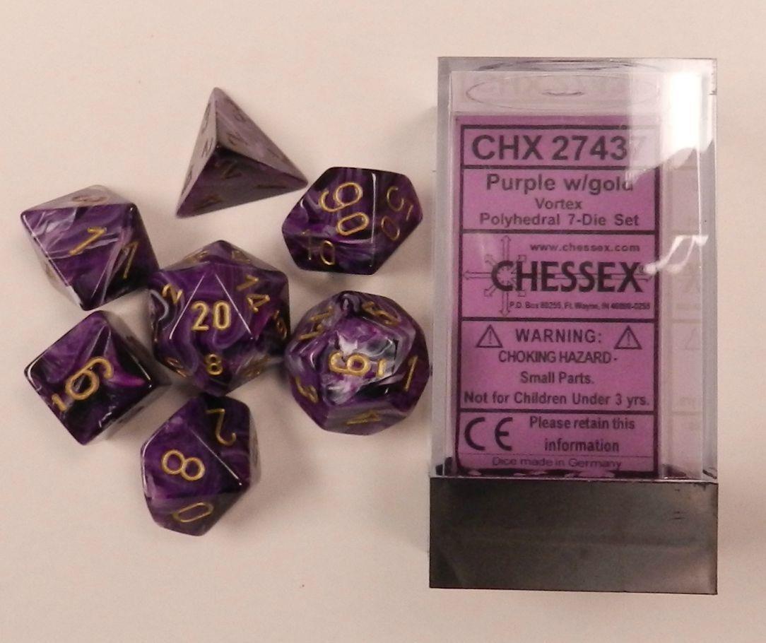 Chessex Polyhedral 7 Die Vortex Purple w/ Gold Numbers Dice CHX 27437