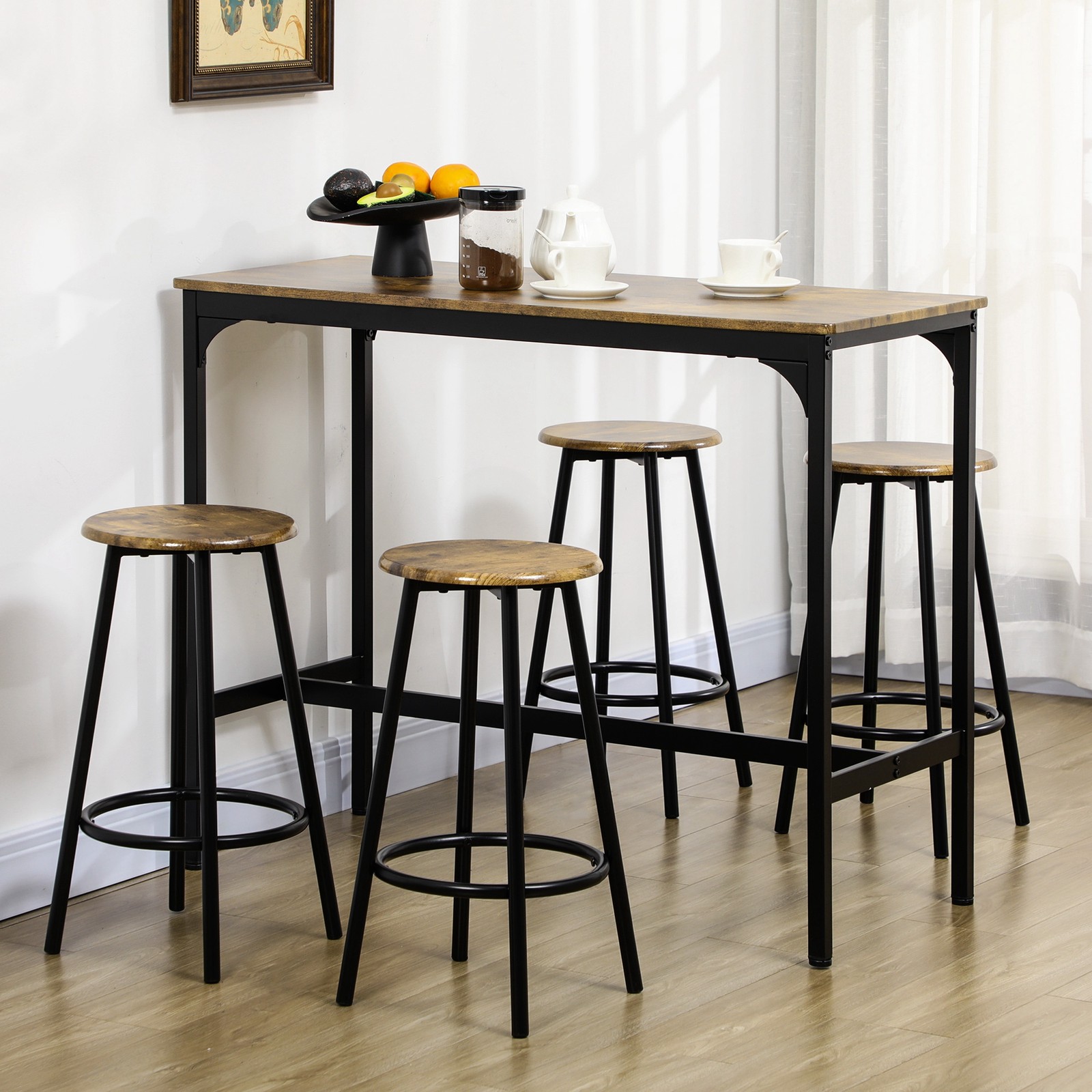 HOMCOM 5-Piece Bar Table and Chairs Set with Metal Frame for Dining Room
