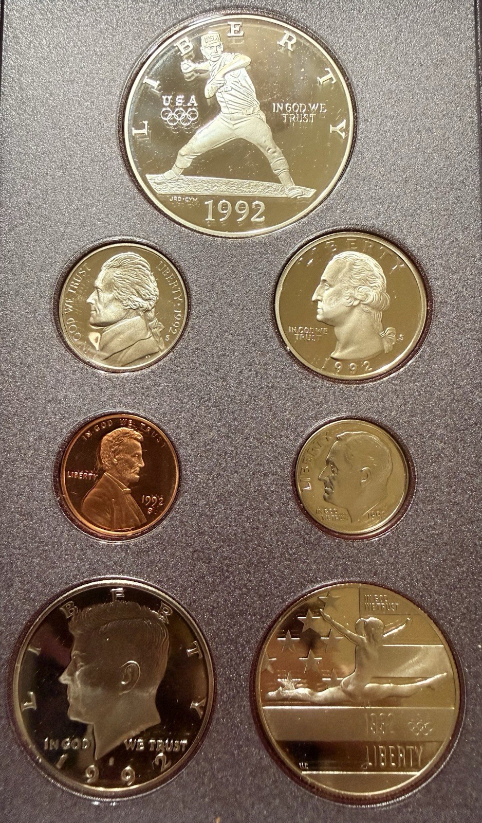 ⭐️1992 S Prestige Proof Set Olympics 90% Silver Dollar 7 US Coins⭐️